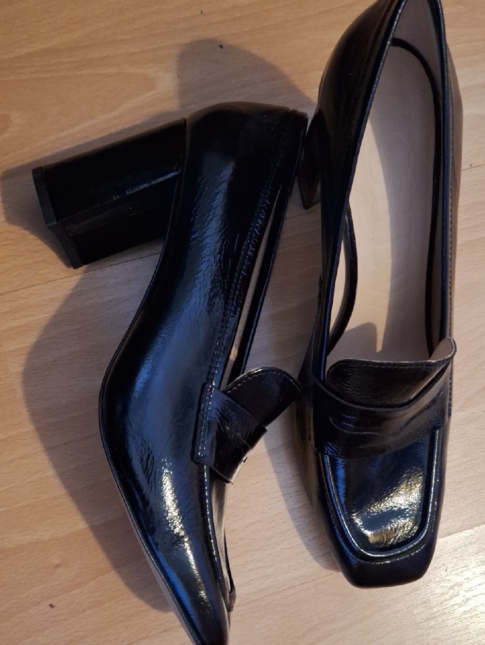 J. Crew Black Patent Block Heel Loafer Pumps